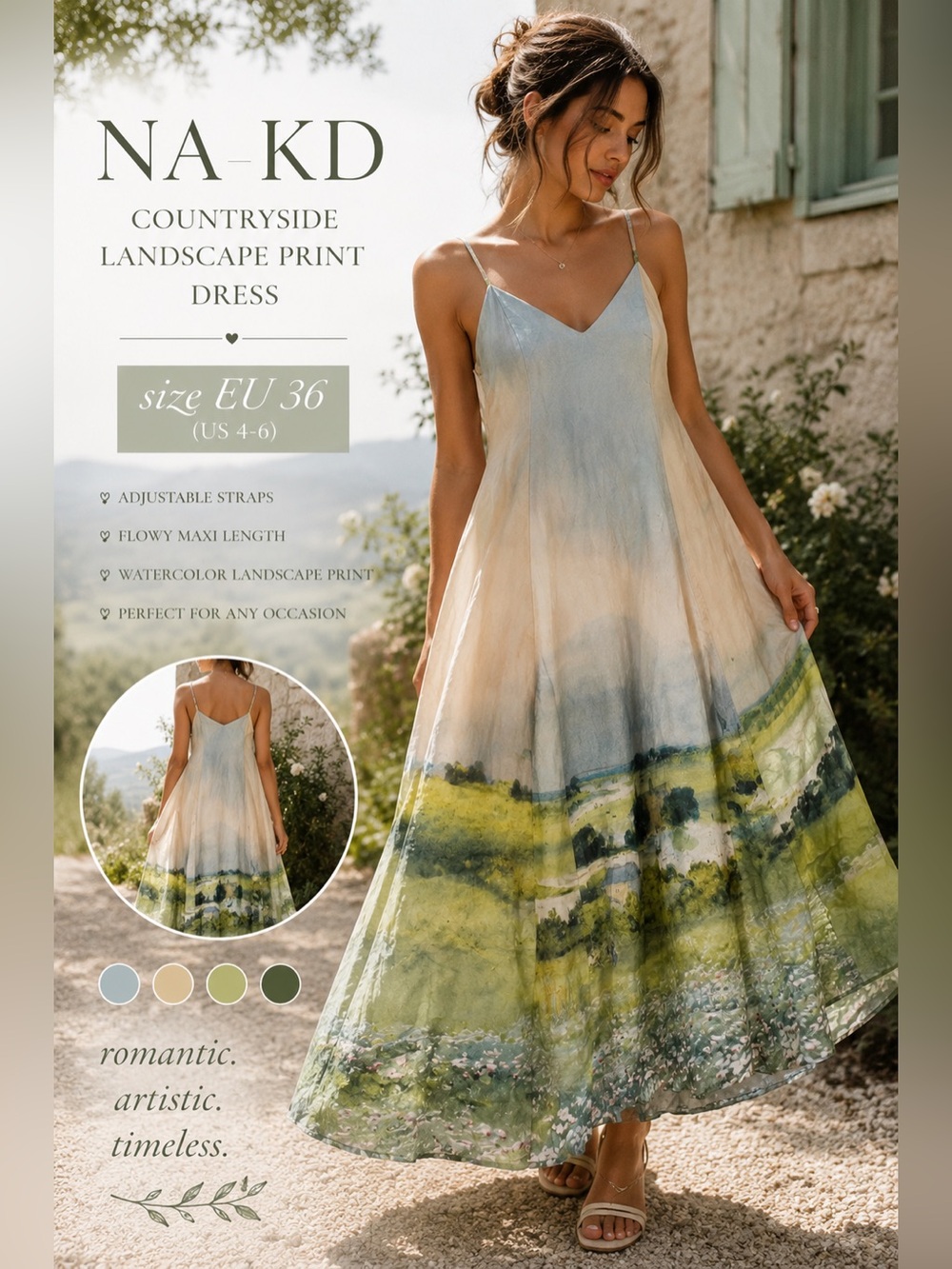 NA-KD Countryside Landscape Print Satin Maxi Dress Cottagecore Size EU 36